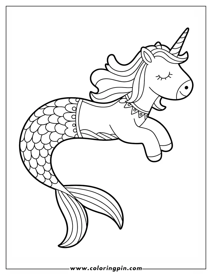 Line art of a unicorn with a mermaid tail, designed as a coloring page. The unicorn has a striped horn, flowing mane, and a decorative neck band. Its tail has detailed scales and fins. Perfect for a whimsical coloring activity.