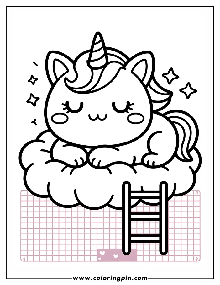 Line art depicting a kawaii unicorn sleeping on a cloud, with a ladder leading up to it. The unicorn has a striped horn and closed eyes, surrounded by sparkling stars.  A coloring sheet design perfect for kids.