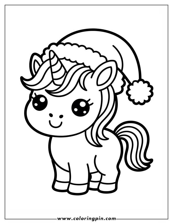 Line art of a kawaii unicorn wearing a Santa hat. The unicorn has a prominent horn, a flowing mane, large, expressive eyes, and a gentle smile. This simple drawing is designed as a coloring sheet.