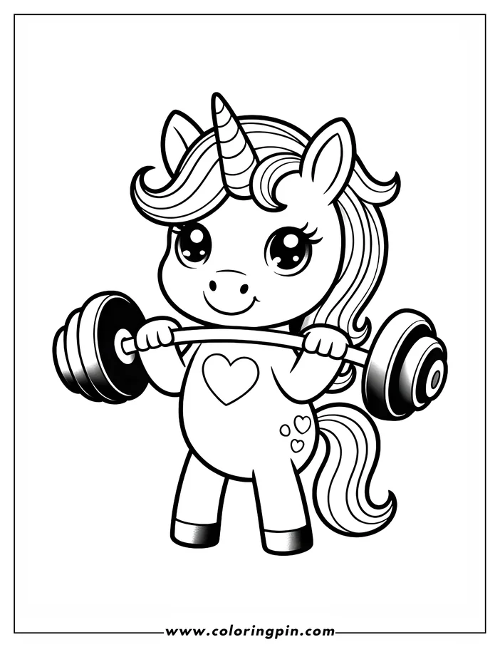 Line art of a strong unicorn lifting a barbell.  The unicorn has a large, expressive eyes, a flowing mane and a striped horn.  It's wearing a heart on it's chest, and there are smaller hearts on the flank. This coloring page is ready to be printed and colored.