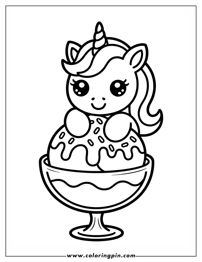 Line art of a kawaii unicorn hugging a large ice cream sundae in a stemmed glass dish. The unicorn has large eyes, a spiral horn, and a flowing mane. It's a simple and cute drawing suitable for a children's coloring page.