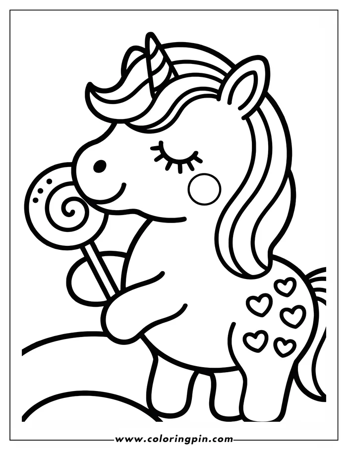 Simple drawing for coloring featuring a unicorn holding a lollipop. The unicorn has a striped horn, closed eyes, and heart shapes on its hindquarters. This is a printable coloring sheet design.