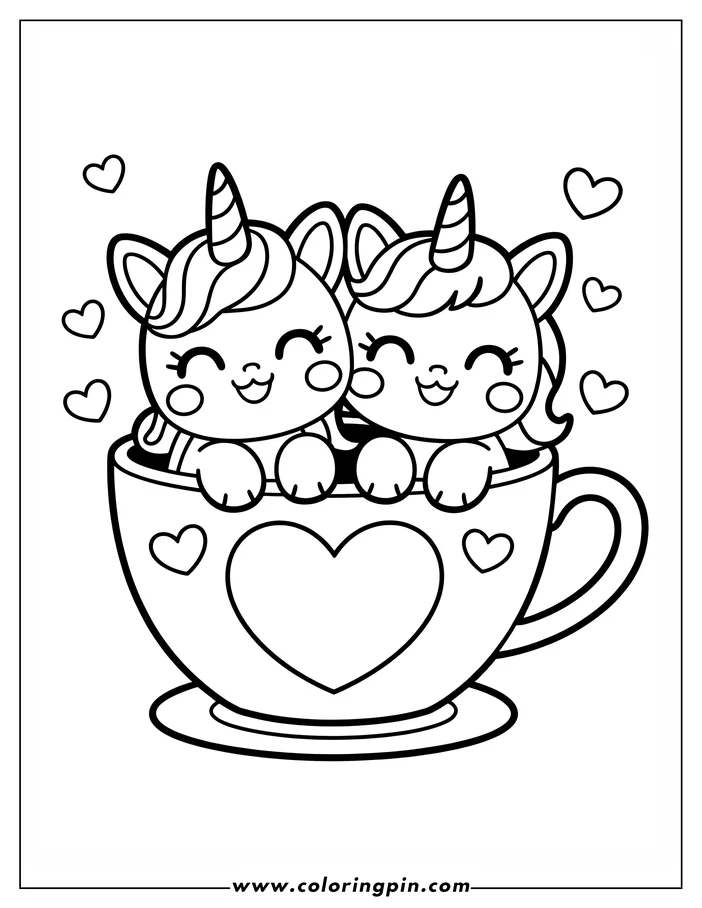 Line art of two smiling cartoon unicorns sitting inside a large cup decorated with hearts. The unicorns have swirly manes and striped horns. Small hearts float around them, creating a cute scene ready for coloring.