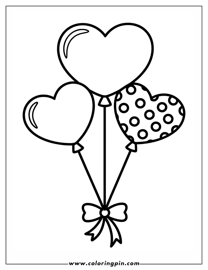A simple outline drawing of three Valentine's Day balloons tied together with a bow. Two of the heart-shaped balloons are plain, while the third is decorated with circles. Perfect for a Valentine's Day coloring project.