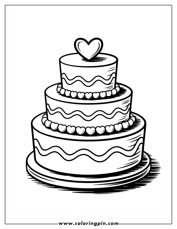 Line art of a three-tiered Valentine's Day cake. Each layer is decorated with wavy frosting and a string of hearts, topped with a single heart. This design is a coloring page.