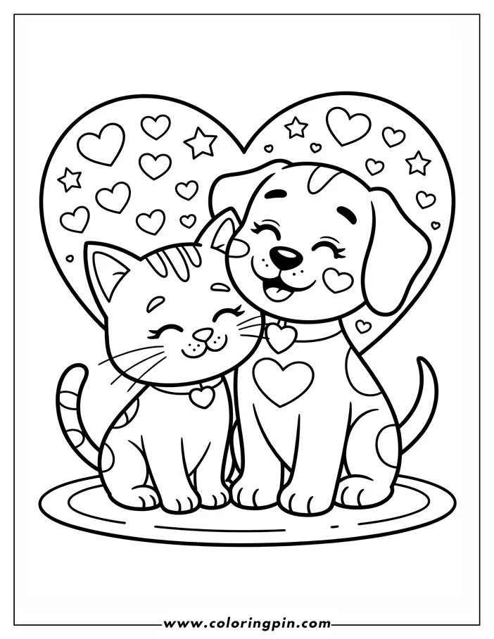 A coloring sheet design featuring a cat and a dog sitting together for Valentine's Day.  The animals are in front of a large heart decorated with smaller hearts and stars.  Both pets wear heart-shaped tags on their collars and have happy expressions.