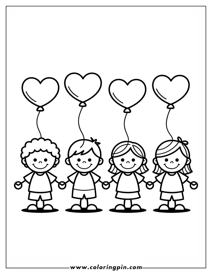 Simple line art for a Valentine's Day coloring page, depicting four children, two boys and two girls, holding hands and each holding a heart-shaped balloon. They are smiling and wearing casual clothing.