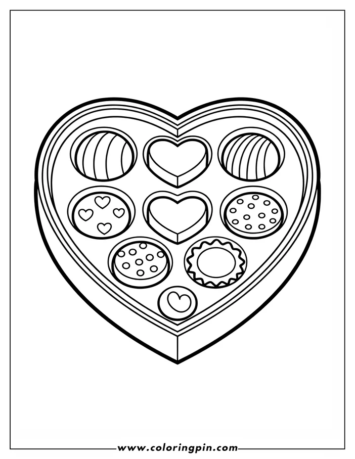 Line art of a heart-shaped box filled with various Valentine's Day chocolates, ready for coloring. The box contains different designs of candies, some heart-shaped, some round, and some with decorative patterns.