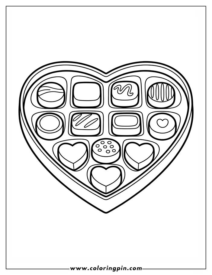 Line art of a heart-shaped box filled with various Valentine's Day chocolates, each with unique designs.  This coloring sheet design is perfect for a sweet Valentine's Day activity.