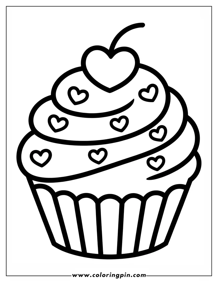 Line art of a Valentine's Day cupcake. The cupcake is frosted and topped with hearts and a heart-shaped cherry, a perfect design for a coloring sheet.