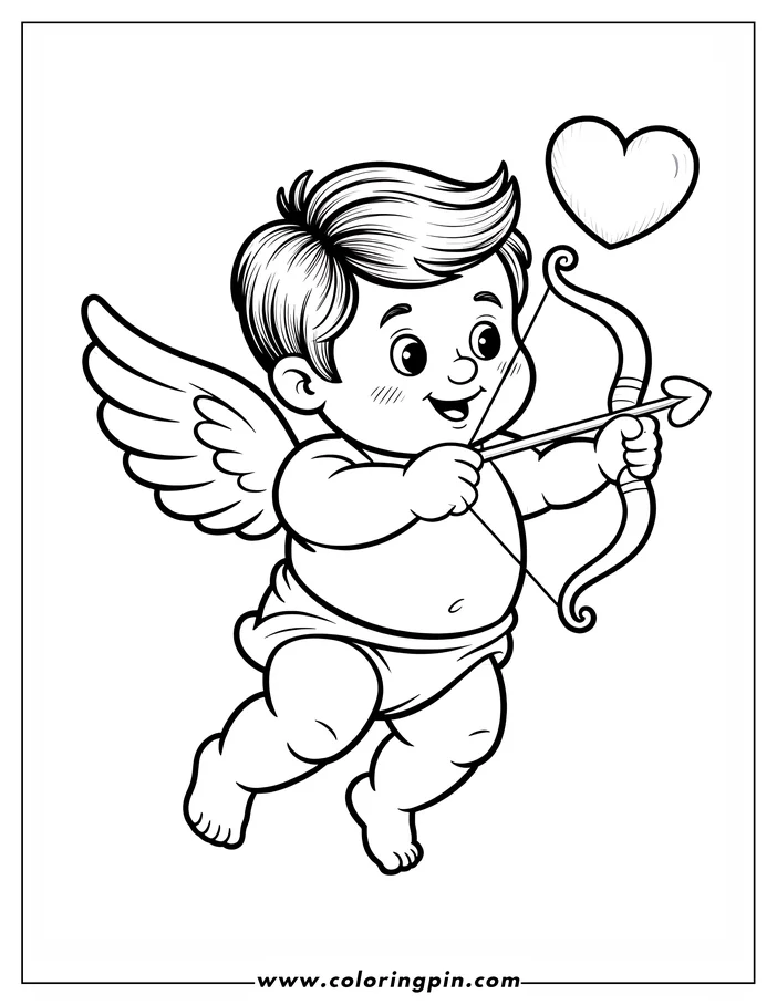 Line art of Cupid, the Valentine's Day cherub, aiming his bow and heart-tipped arrow.  He has small wings and a happy expression. A heart floats nearby. This is a design for a coloring sheet.