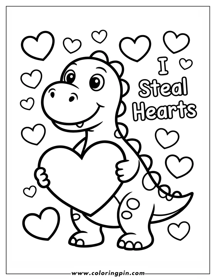 Line art of a dinosaur holding a large heart, surrounded by smaller hearts, with the text 'I Steal Hearts' in the upper right corner, designed as a Valentine's Day coloring page.
