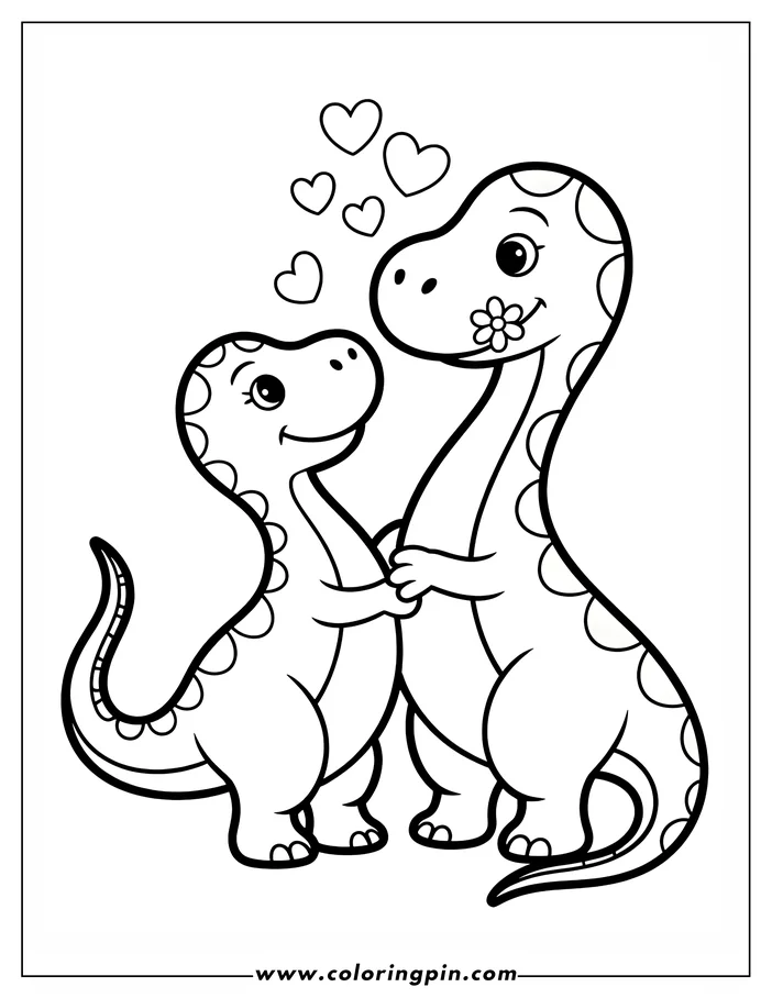 Line art of two dinosaurs holding hands, with floating hearts above, in a Valentine's Day coloring sheet design. The larger spotted dinosaur holds a small flower, and the smaller dinosaur has a spiked tail.