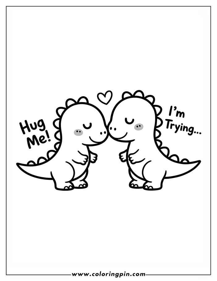 A simple, heartwarming coloring page illustration depicts two friendly dinosaurs about to kiss, with a heart floating above them.  Perfect for Valentine's Day.