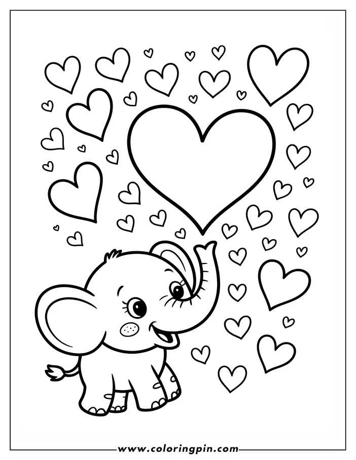 A simple, charming line art drawing of a baby elephant with its trunk raised, surrounded by hearts, designed as a Valentine's Day coloring sheet.