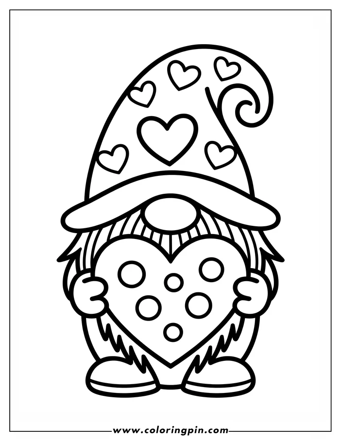 Line art of a Valentine's Day gnome holding a large, decorated heart. The gnome wears a heart-covered hat and has a long beard. This cheerful design is a coloring sheet perfect for Valentine's Day.
