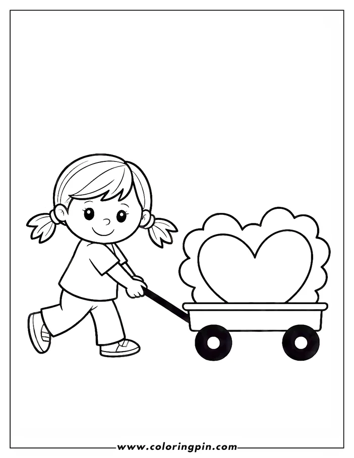 Line art of a girl pulling a wagon with a large, decorative heart inside, designed as a Valentine's Day coloring sheet.