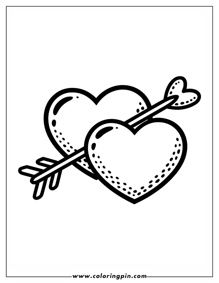 Line art illustration of two hearts pierced by a single arrow with a heart-shaped fletching, a classic Valentine's Day coloring page design.