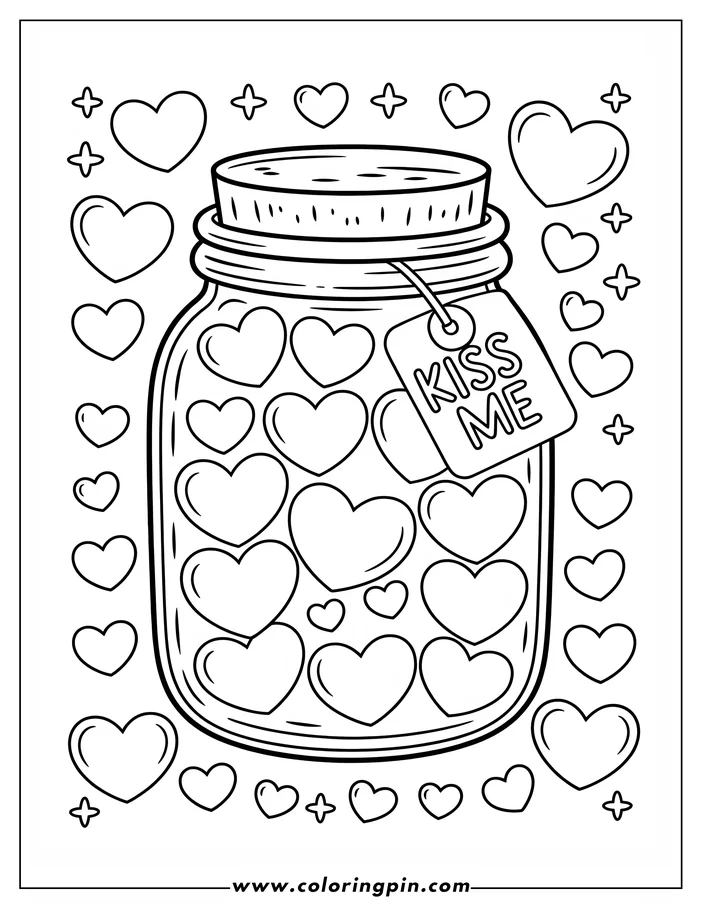 Line art of a Valentine's Day-themed coloring page. A jar is filled with hearts, sealed with a cork lid. A tag hangs from the jar, reading "Kiss Me." Hearts and plus signs decorate the background. Perfect for Valentine's Day.