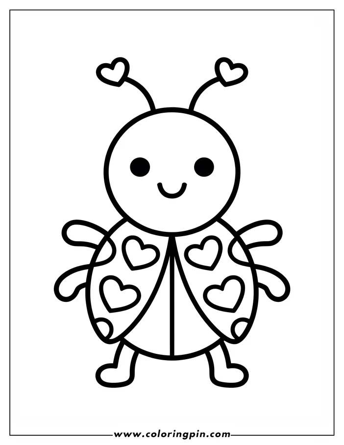 Simple line art of a Valentine's Day ladybug, decorated with hearts, designed as a coloring page.