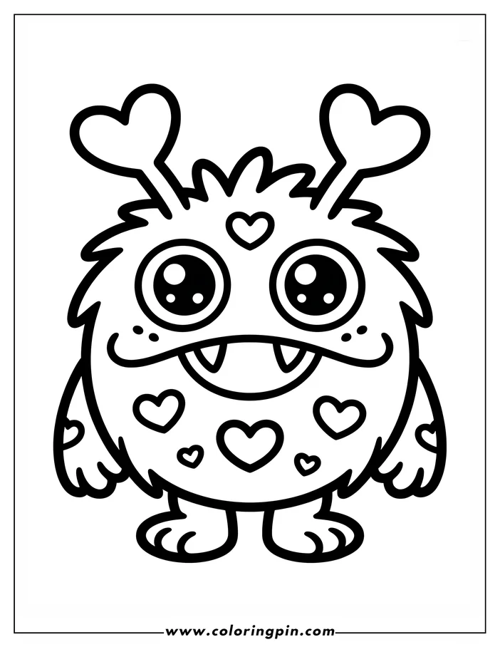 Line art of a Valentine's Day monster with heart-shaped antennae.  The monster has big, round eyes, two pointed teeth, and a body covered in hearts. This is a design for a coloring sheet.