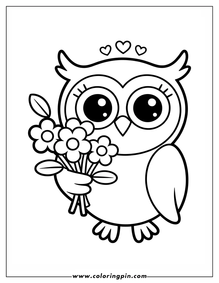 Line art of an owl holding a bouquet of flowers, with three hearts floating above. This Valentine's Day-themed coloring page design is perfect for a festive activity.