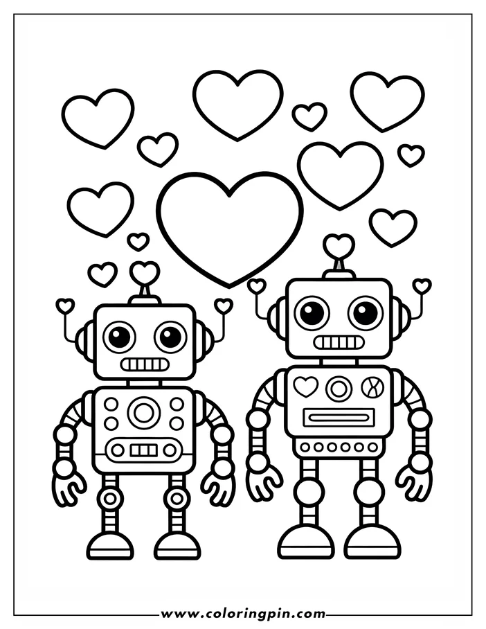 Line art of two friendly robots, each with a heart antenna, standing beneath floating hearts.  This Valentine's Day-themed image is a simple drawing for coloring.