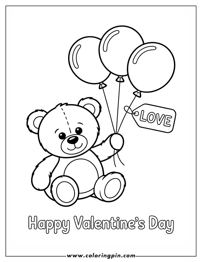 Line art of a teddy bear holding heart-shaped balloons with a "LOVE" tag, designed as a Valentine's Day coloring sheet.