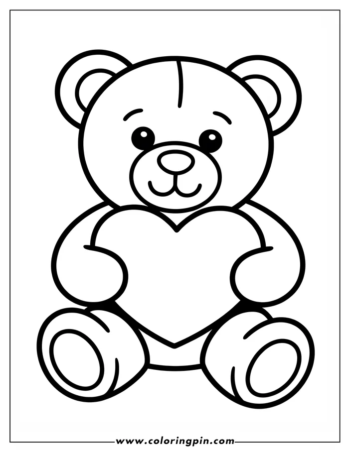 Line art of a teddy bear holding a large heart. The bear has a simple, friendly design with rounded ears and a sweet smile. This coloring page is perfect for Valentine's Day celebrations.