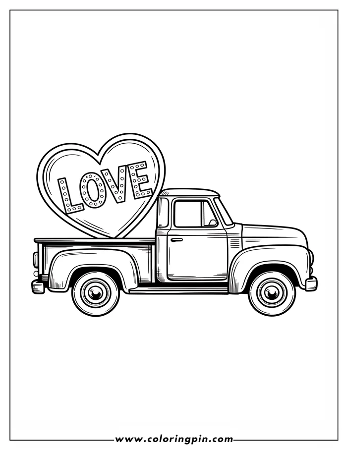 Line art of a Valentine's Day coloring page depicting a vintage truck carrying a large heart with "LOVE" written on it. The design is simple and ready for coloring.