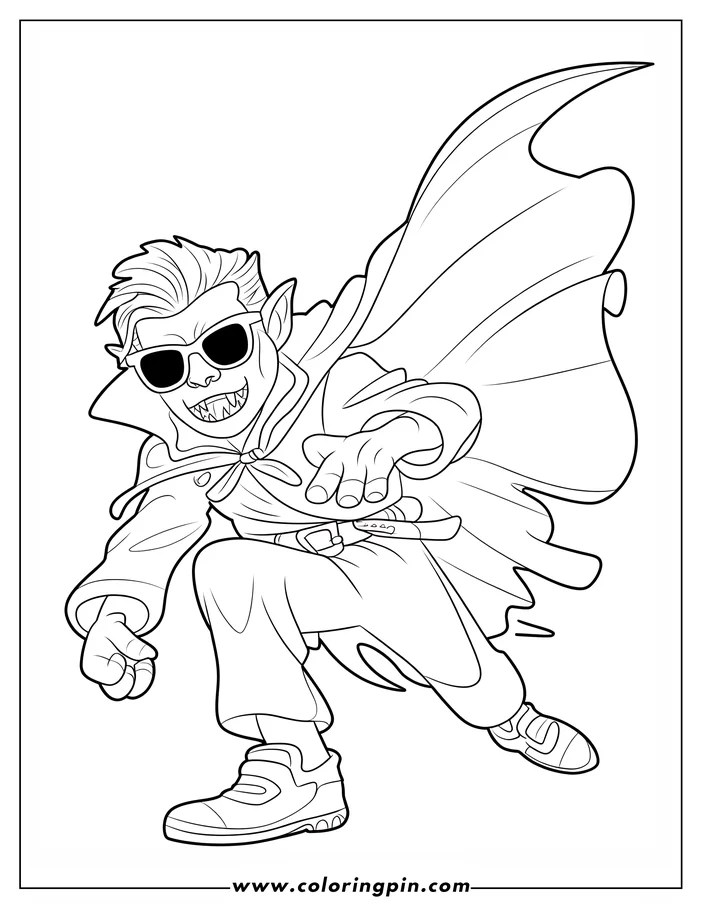Line art of a cartoon vampire wearing a cape and sunglasses, crouched as if ready for action.