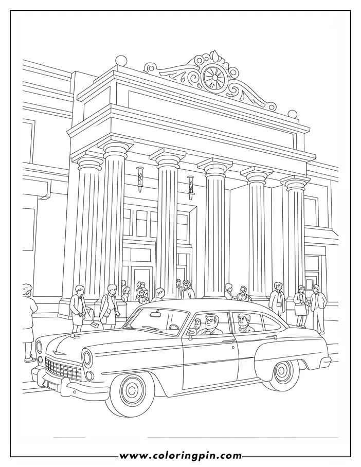 Outline of a vintage car with passengers parked in front of a building with classical pillars and decorative elements. People are standing nearby on the sidewalk.