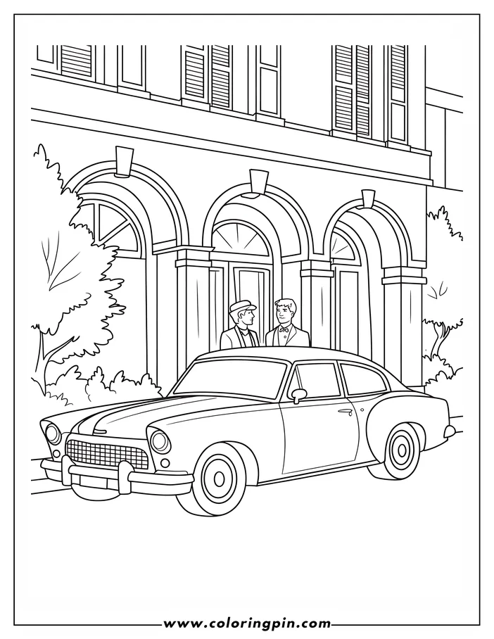 Outline of a vintage car parked outside a hotel. Two men stand beside the car, possibly discussing something.