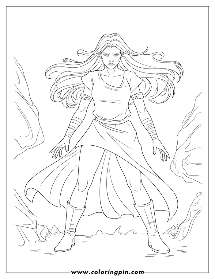 Line art of a warrior woman with long flowing hair, wearing a skirt and boots, with magical energy swirling around her.