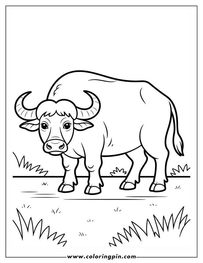 Line art of a water buffalo standing in a grassy area.