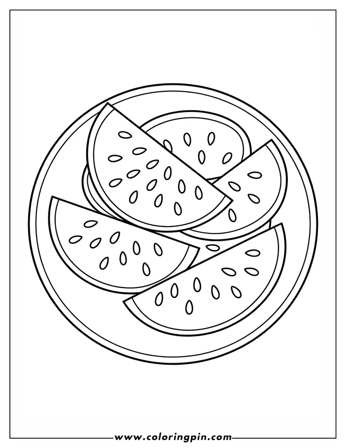 Outline of watermelon slices arranged on a plate, ready to be colored.