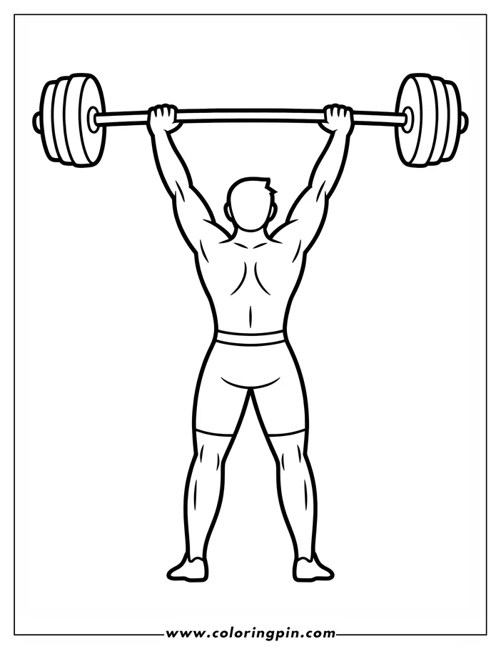 Line art of a weightlifter lifting a barbell overhead.  The weightlifter is seen from the back, highlighting their muscular build.