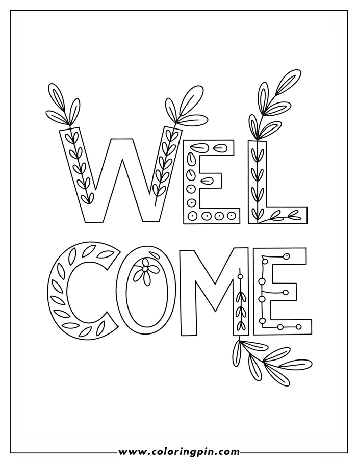 Welcome sign decorated with leaves and flowers.