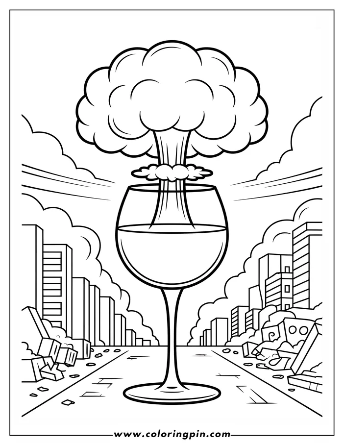 A line art drawing of a wine glass in a destroyed city, with a mushroom cloud rising from the glass. Rubble and damaged buildings line the street.