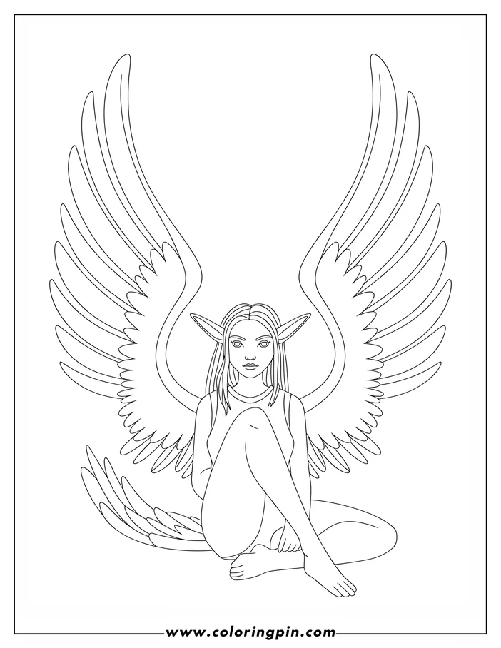 Line art of a winged elf sitting with legs crossed.