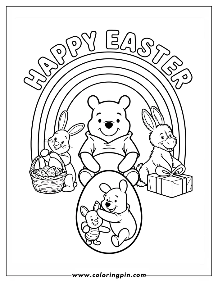 Line art of Winnie the Pooh, Rabbit, and Eeyore celebrating Easter. Rabbit carries an Easter basket, Eeyore a gift, and Winnie the Pooh wears his signature red shirt. An Easter egg features Winnie the Pooh and Piglet. The scene includes a rainbow with 'Happy Easter' written on it.