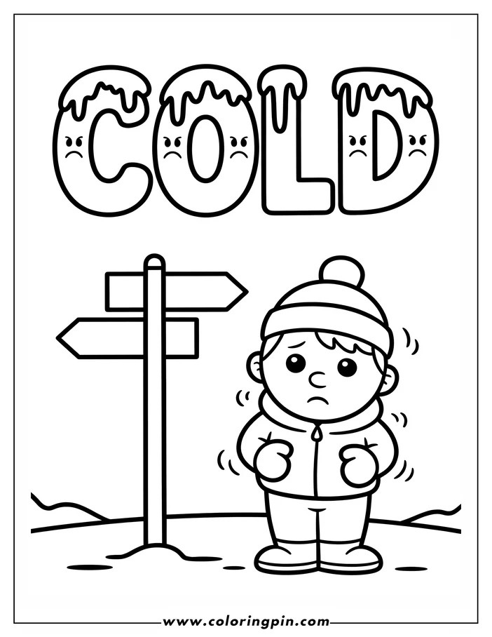 Line art of a boy wearing winter clothes, shivering in the cold, with a signpost behind him.  A simple drawing designed as a coloring sheet.
