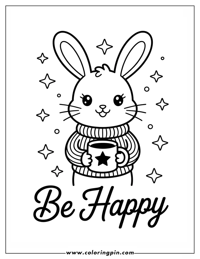 Line art of a cartoon bunny wearing a striped sweater and holding a mug with a star. The background is decorated with stars and circles. The phrase 'Be Happy' is written below.  This is a coloring sheet design, ready for kids to color.