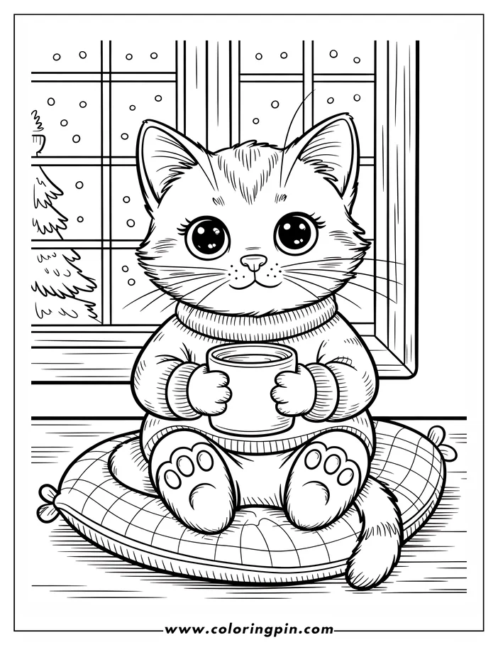 Line art of a cat wearing a sweater, holding a mug, sitting on a pillow by a window with a snowy scene and fir tree outside, designed as a coloring page for winter.
