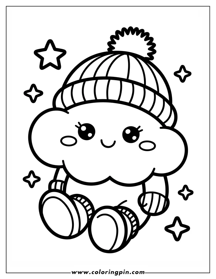 Simple, kawaii-style line art of a cloud wearing a winter hat, mittens, and boots, surrounded by sparkling stars, ready for coloring.