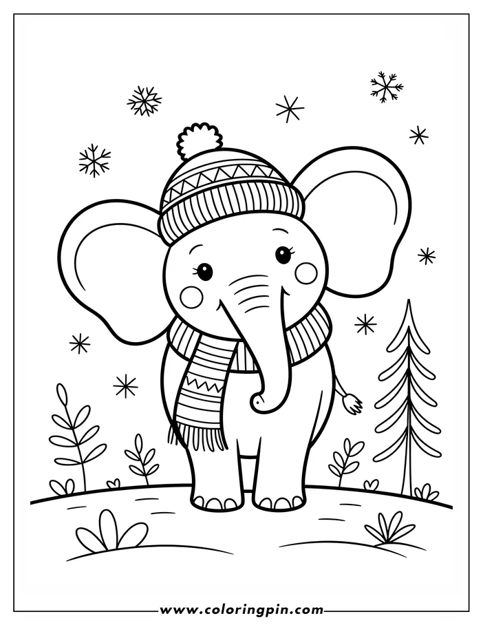 Line art of a cute cartoon elephant in a winter setting. The elephant wears a winter hat and scarf and stands near a fir tree, with snowflakes falling around it. This is a design for a coloring page.