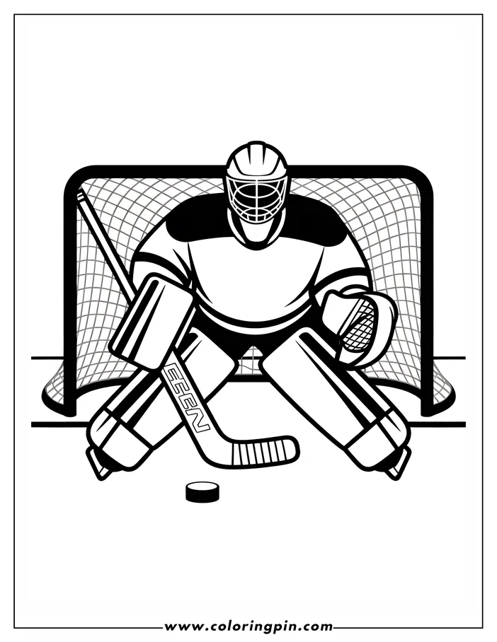Line art of a hockey goalie in protective gear, positioned in front of the net with a hockey stick and puck nearby, ready for coloring. This coloring sheet design captures the intensity of a winter sport.