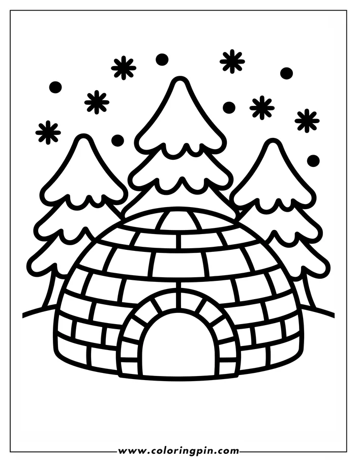 Simple line art of an igloo with an arched entrance, surrounded by three snow-covered evergreen trees. Snowflakes gently fall in the winter scene, ready for coloring.