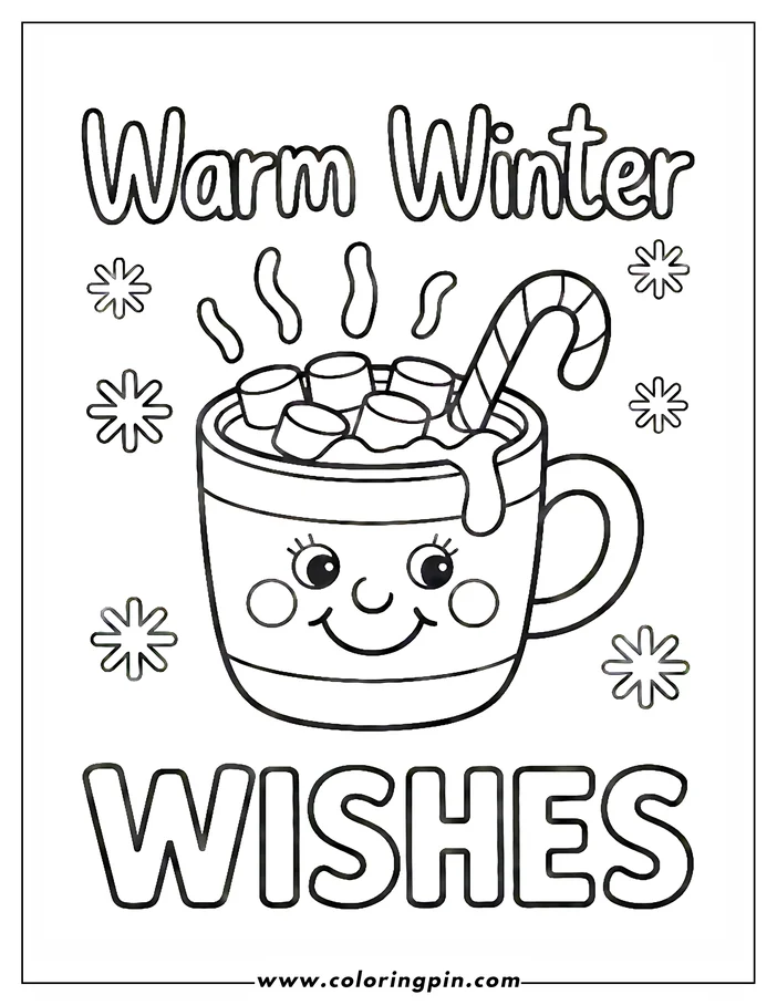 Simple line art of a mug with hot cocoa, marshmallows, and a candy cane, decorated with snowflakes.  A cheerful, smiling face is drawn on the mug. This is a coloring sheet design perfect for kids during the winter season.