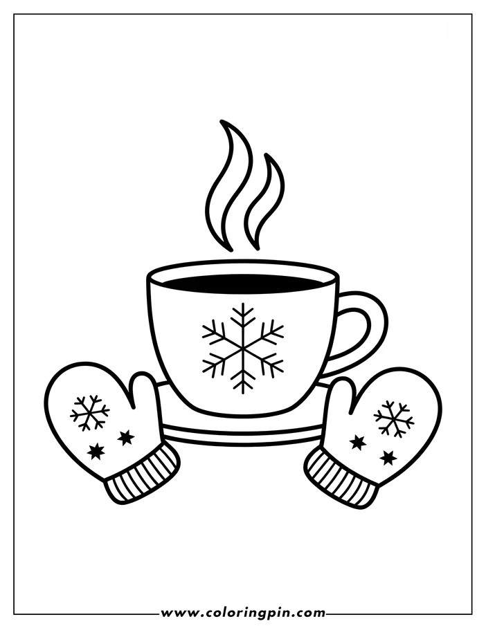 Line art of a steaming mug with a snowflake design, placed on a small plate between two mittens decorated with snowflakes and stars, ideal for a winter coloring activity.